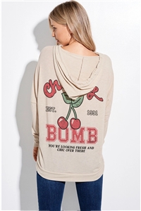 S36-1-1-T874G12773-TP - CHERRY BOMB PRINT HOODIE LONG SLEEVE TOP- TAUPE -2-2-2
