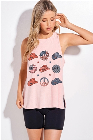 S36-1-1-T892G12695-PK - AMERICAN FLAG EMOJI TRI BLEND SIDE SLIT TANK TOP- PINK -2-2-2