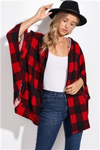 S36-1-1-T908F01-RD - PLAID HOODIE PONCHO SHAWL- RED -2-2-2