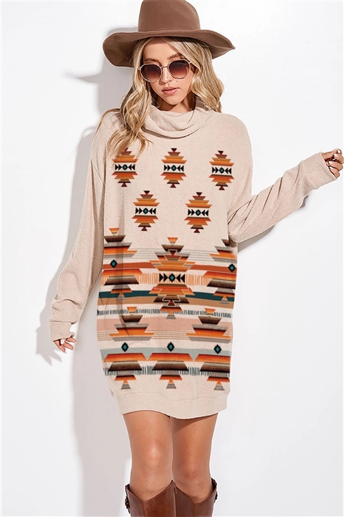 S36-1-1-T913G12421C-KHK - AZTEC PRINT RIB KNIT TURTLE NECK TUNIC DRESS- KHAKI -2-2-2