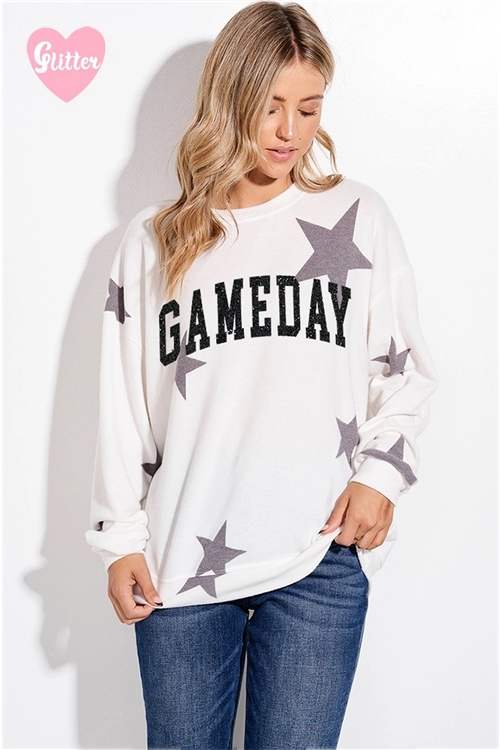 S36-1-1-T915FG12861GL-IV - GAMEDAY GLITTER PRINT STAR SOFT SWEATSHIRT- IVORY -2-2-2