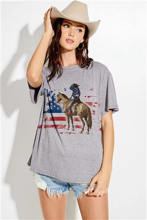 S36-1-1-T920G12115-GY - AMERICAN FLAG COWBOY SHORT SLEEVE TOP- GREY -2-2-2