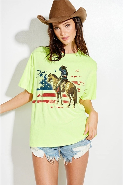 S36-1-1-T920G12115-NEYL - AMERICAN FLAG COWBOY SHORT SLEEVE TOP- NEON YELLOW -2-2-2