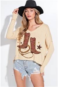 S36-1-1-T951G12855-BUTR - COWGIRL BOOTS PRINT SIDE SLIT LONG SLEEEVE TOP- BUTTER -2-2-2