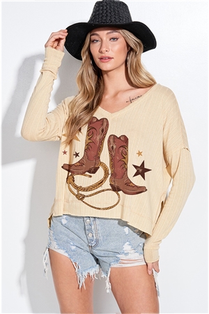 S36-1-1-T951G12855-BUTR - COWGIRL BOOTS PRINT SIDE SLIT LONG SLEEEVE TOP- BUTTER -2-2-2