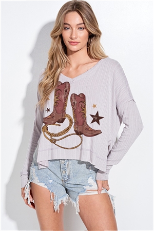 S36-1-1-T951G12855-GY - COWGIRL BOOTS PRINT SIDE SLIT LONG SLEEEVE TOP- GREY -2-2-2