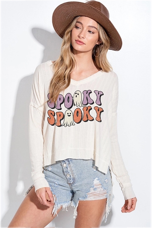 S36-1-1-T951G12901A-IV - HALLOWEEN SPOOKY PRINT SIDE SLIT LONG SLEEVE TOP- IVORY -2-2-2