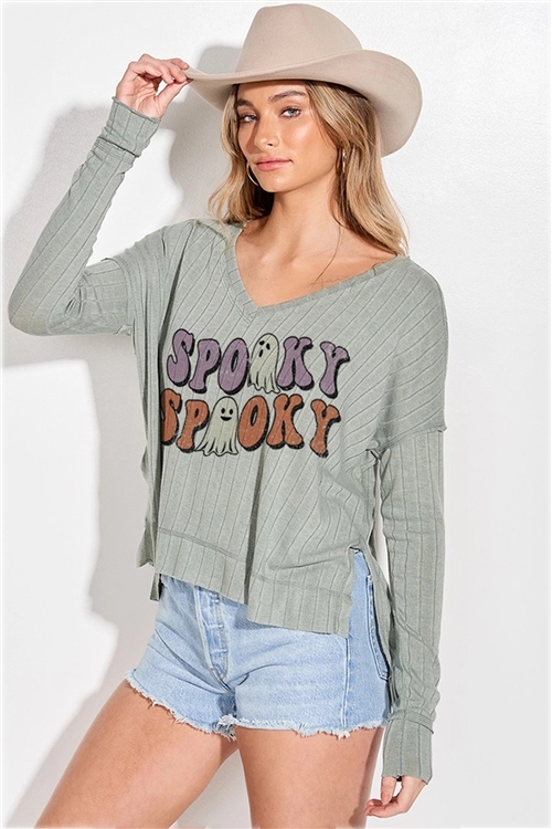 S36-1-1-T951G12901A-SG - HALLOWEEN SPOOKY PRINT SIDE SLIT LONG SLEEVE TOP- SAGE -2-2-2