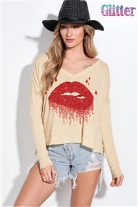 S36-1-1-T951G9807-BUTR - LIP GLITTER LOOSE RIBBED V NECK LONG SLEEVE TOP- BUTTER -2-2-2