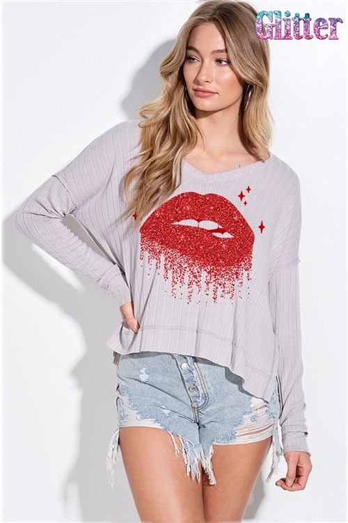 S36-1-1-T951G9807-GY - LIP GLITTER LOOSE RIBBED V NECK LONG SLEEVE TOP- GREY -2-2-2