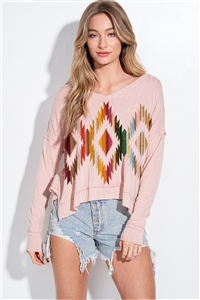 S36-1-1-T951G9955-BLS - AZTEC VNECK SIDE SLIT LONG SLEEVE- BLUSH -2-2-2