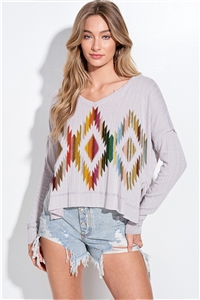 S36-1-1-T951G9955-GY - AZTEC VNECK SIDE SLIT LONG SLEEVE- GREY -2-2-2