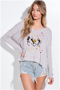 S36-1-1-T951K9565-GY - HALLOWEEN PRINT V NECK SIDE SLIT LONG SLEEVE TOP- GREY -2-2-2