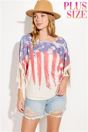 S36-1-1-T959PG10730-OTM - PLUS SIZE AMERICAN FLAG DOLMAN FRINGE  SHORT SLEEVE TOP- OATMEAL -2-2-2