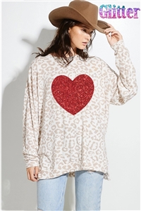 S36-1-1-T962AG12527-IVTP - HEART GLITTER ANIMAL PRINT SWEATSHIRTS- IVORY/TAUPE -2-2-2