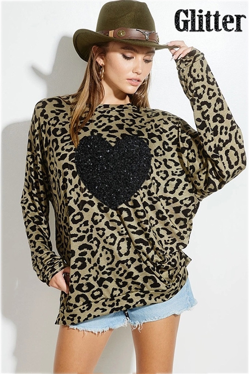 S36-1-1-T962AG12527-OVBK - HEART GLITTER ANIMAL PRINT SWEATSHIRTS- OLIVE/BLACK -2-2-2