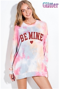 S36-1-1-T962TG12523-CRYBL - BE MINE GLITTER PRINT TIE DYE SWEATSHIRTS- CHERRY/BLUE -2-2-2