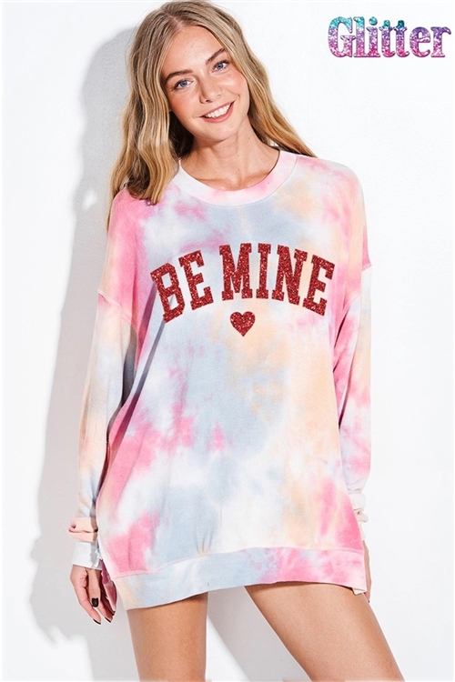 S36-1-1-T962TG12523-CRYBL - BE MINE GLITTER PRINT TIE DYE SWEATSHIRTS- CHERRY/BLUE -2-2-2