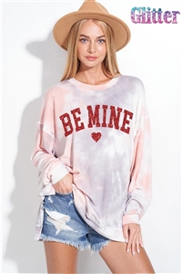 S36-1-1-T962TG12523-GYPCH - BE MINE GLITTER PRINT TIE DYE SWEATSHIRTS- GREY/PEACH -2-2-2