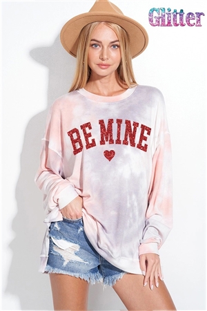 S36-1-1-T962TG12523-GYPCH - BE MINE GLITTER PRINT TIE DYE SWEATSHIRTS- GREY/PEACH -2-2-2