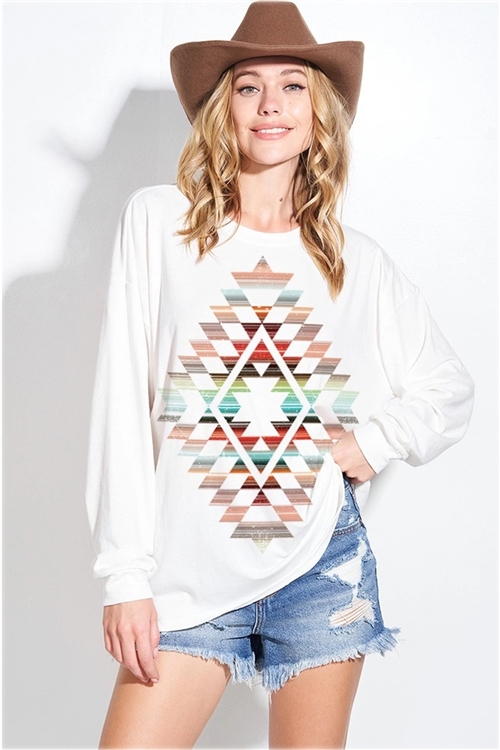 S36-1-1-T965G12214A-IV - AZTEC PRINT TRI-BLEND OVERSIZED TOP- IVORY -2-2-2