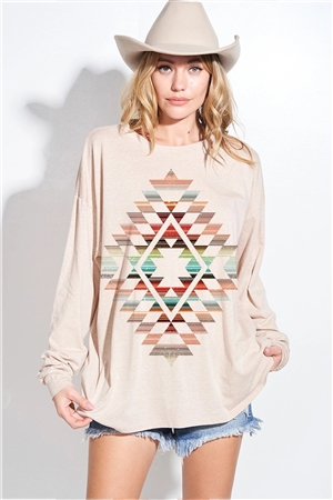 S36-1-1-T965G12214A-KHK - AZTEC PRINT TRI-BLEND OVERSIZED TOP- KHAKI -2-2-2