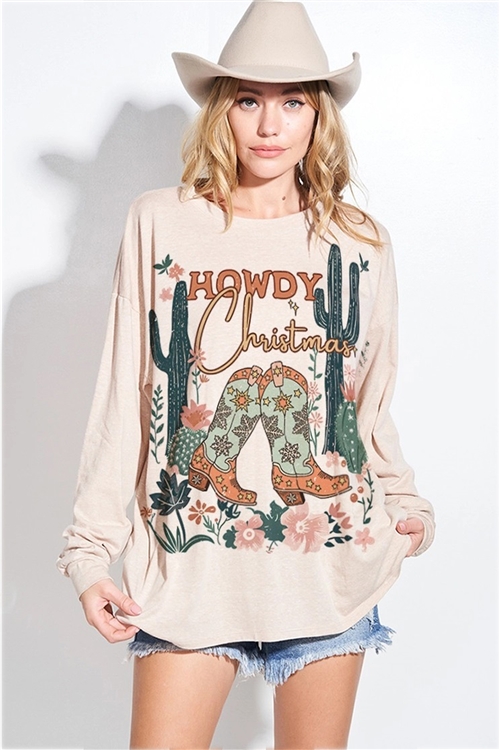 S36-1-1-T965G12948-KHK - HOWDY CHRISTMAS PRINT TRI-BLEND OVERSIZED TOP- KHAKI -2-2-2