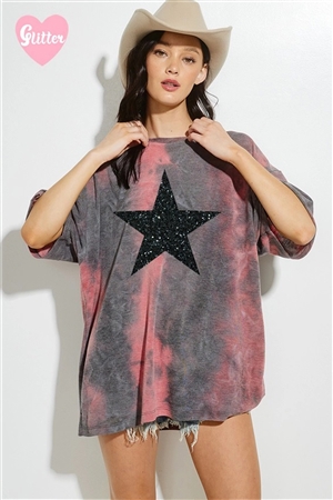 S36-1-1-T969G12247-MVCHR - STAR GLITTER PRINT TIEDYE OVER FIT TOP- MAUVE/CHARCOAL -2-2-2