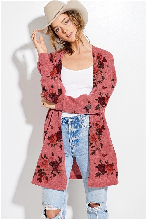 S36-1-1-T970G12768-RU - FLORAL PRINT KNIT CASUAL STYLE CARDIGAN- RUST -2-2-2