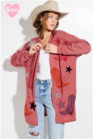 S36-1-1-T970G12775GL-RU - COWGIRL BOOTS GLITTER PRINT KNIT CASUAL CARDIGAN- RUST -2-2-2