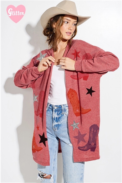 S36-1-1-T970G12775GL-RU - COWGIRL BOOTS GLITTER PRINT KNIT CASUAL CARDIGAN- RUST -2-2-2