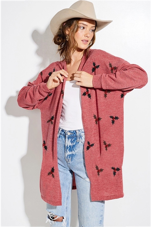 S36-1-1-T970G12936W-RU - CHRISTMAS PRINT KNIT CASUAL STYLE CARDIGAN- RUST -2-2-2
