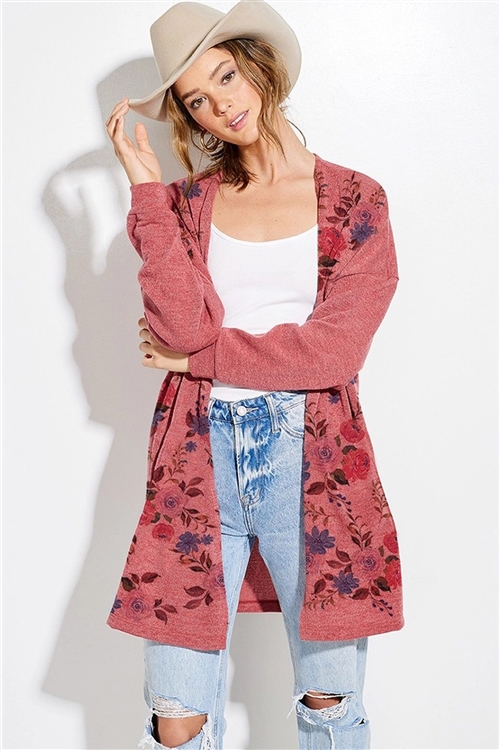 S36-1-1-T970G2244-RU - FLORAL PRINT KNIT CASUAL STYLE CARDIGAN- RUST -2-2-2