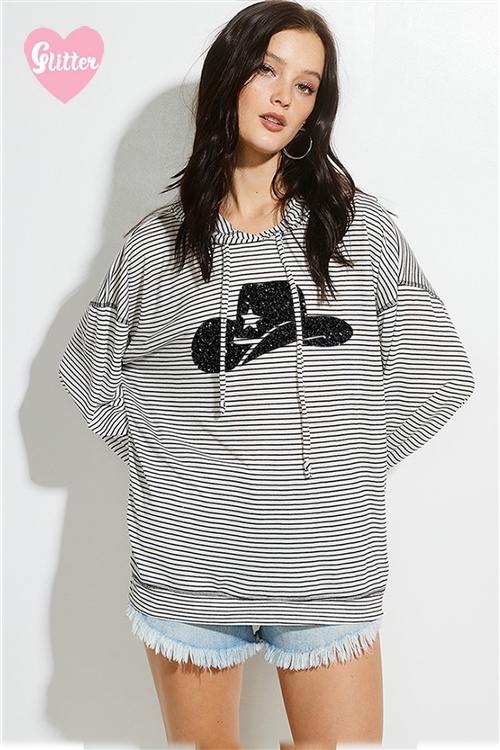 S36-1-1-T971G12543-IVBK - COWGIRL HAT GLITTER STRIPED PULLOVER HOODIE TOP- IVORY BLACK -2-2-2