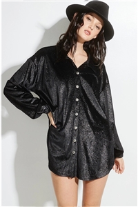 S36-1-1-T977F01-BK - VELVET BUTTON UP BISHOP SLEEVE SHIRT JACKET COAT- BLACK -2-2-2