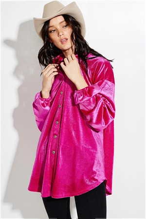 S36-1-1-T977F01-FU - VELVET BUTTON UP BISHOP SLEEVE SHIRT JACKET COAT- FUCHSIA -2-2-2