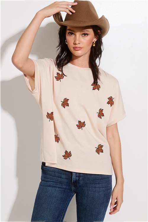 S36-1-1-T992G5584-KHK - FALL LEAVES ALLOVER FRENCH TERRY SHORT SLEEVE TOP- KHAKI -2-2-2