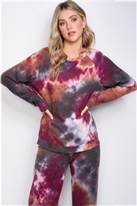 S36-1-1-TB105D-5-WNCHAR - TIE DYE PRINT SLEEP LOUNGE WEAR SETS- WINE/CHARCOAL -2-2-2