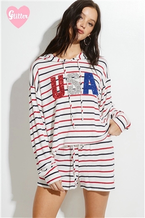 S36-1-1-TB118STG12621GL-RDNV - USA GLITTER STRIPE HOODIE PAJAMAS LOUNGE WEAR SET- RED NAVY -2-2-2