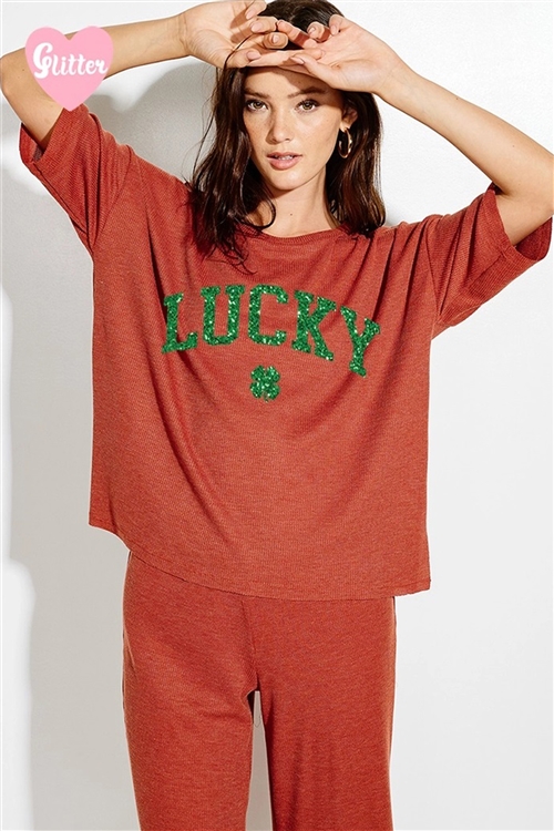 S36-1-1-TB121G12596-RU - SAINT PATRICKS GLITTER THERMAL LOUNGE WEAR SET- RUST -2-2-2