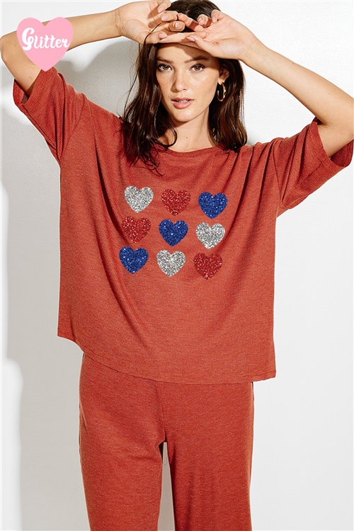 S36-1-1-TB121G12651GL-RU - AMERICAN HEART GLITTER THERMAL LOUNGE WEAR SET- RUST -2-2-2