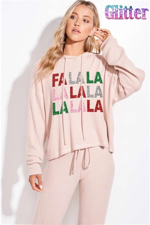 S36-1-1-TB126G12480GL-BLS - FALALALA GLITTER PRINT RIB HOODIE LOUNGEWEAR SET- BLUSH -2-2-2