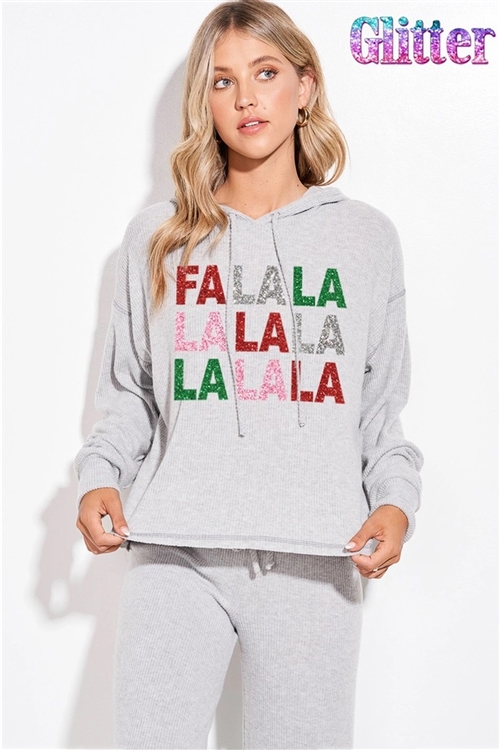 S36-1-1-TB126G12480GL-HGY - FALALALA GLITTER PRINT RIB HOODIE LOUNGEWEAR SET- HEATHER GREY -2-2-2