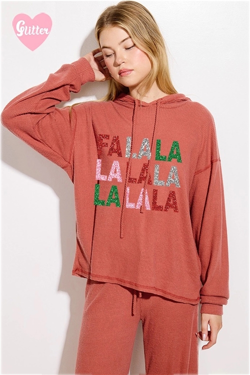 S36-1-1-TB126G12480GL-RU - FALALALA GLITTER PRINT RIB HOODIE LOUNGEWEAR SET- RUST -2-2-2