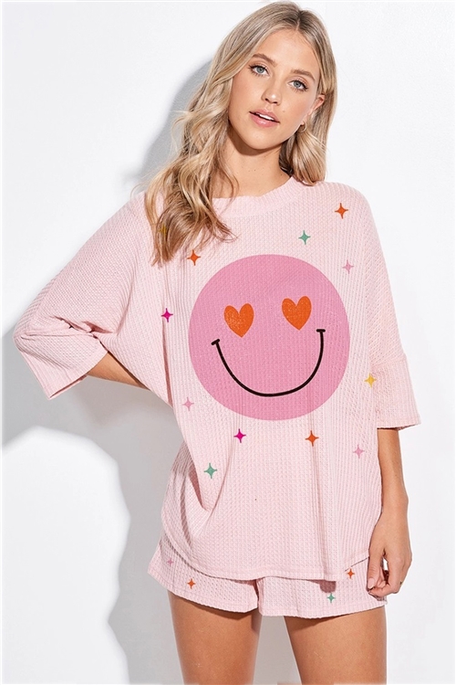 S36-1-1-TB838G12030-PK - SMILE PRINT WAFFLE SHORT SLEEVE SET- PINK -2-2-2