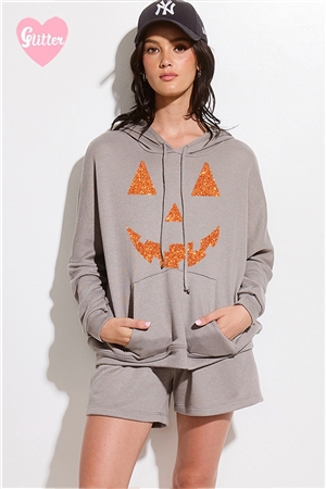 S36-1-1-TB987SG5596-GY - HALLOWEEN GLITTER HOODIE SHORT LOUNGE WEAR SET- GREY -2-2-2