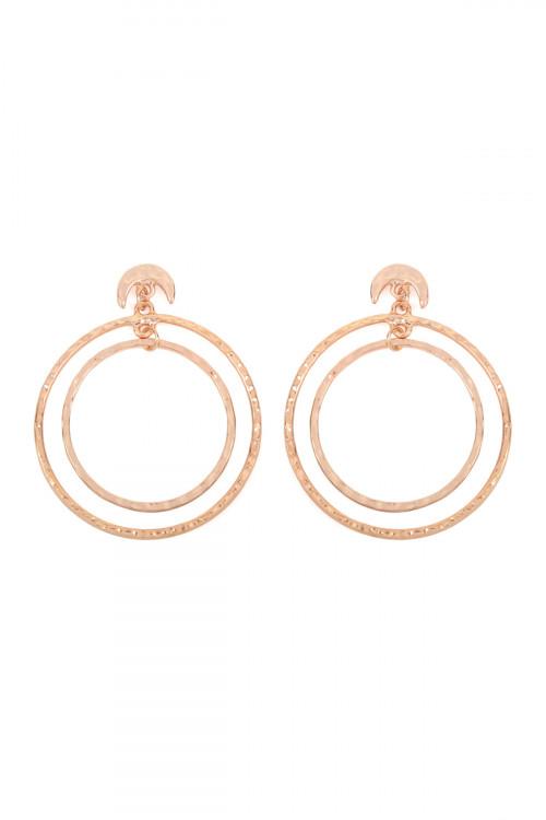 A1-2-4-TE0184RG ROSE GOLD DOUBLE HAMMERED DANGLING HOOP WITH CRESCENT POST EARRINGS/6PAIRS