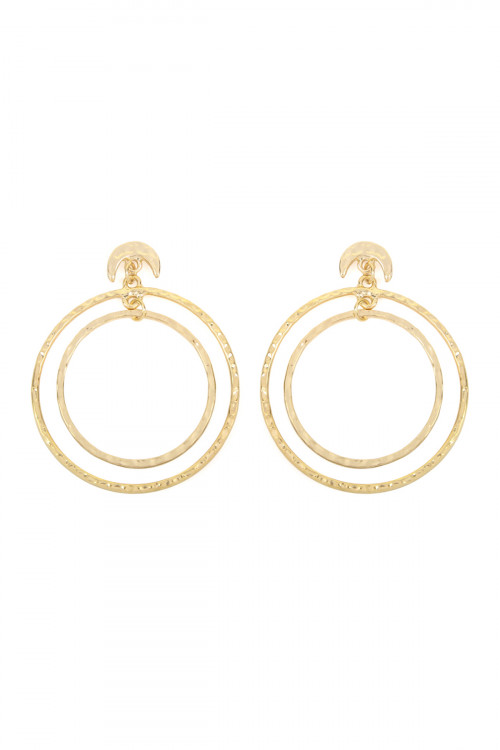 A1-2-4-TE0184WG GOLD DOUBLE HAMMERED DANGLING HOOP WITH CRESCENT POST EARRINGS/6PAIRS