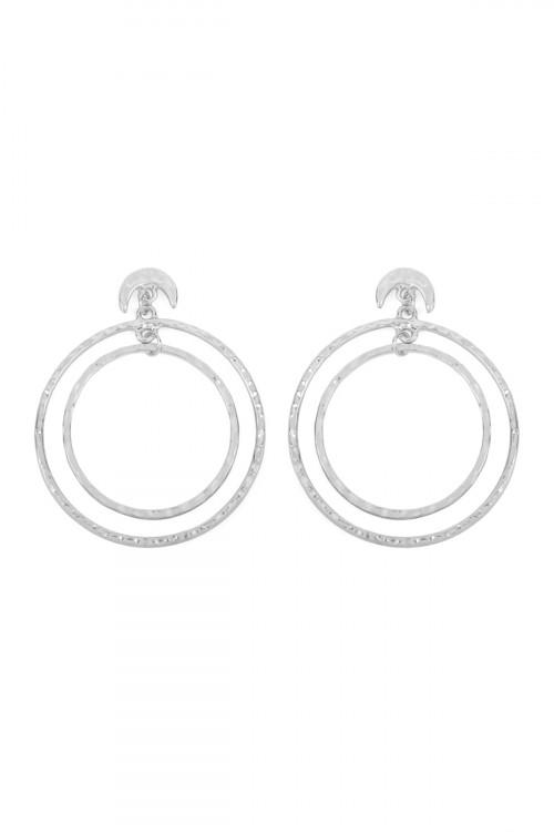 A1-2-4-TE0184WS SILVER DOUBLE HAMMERED DANGLING HOOP WITH CRESCENT POST EARRINGS/6PAIRS
