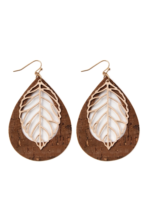 S24-6-5-TE7110BR - VINTAGE TEARDROP WITH CAST METAL LEAF EARRINGS - BROWN/6PCS